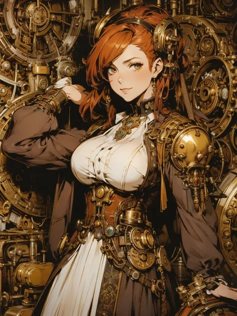 A redheaded woman in a steampunky costume poses for a photo, steampunk beautiful anime women,  Steampunk Pinup Girl , high quality  steampunk art,  steampunk girl using tools,  Portrait of Lady Mechanica  , Like a female mechanic, Steampunk fantasy style ,...