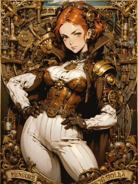 A redheaded woman in a steampunky costume poses for a photo, steampunk beautiful anime women,  Steampunk Pinup Girl , high quality  steampunk art,  steampunk girl using tools,  Portrait of Lady Mechanica  , Like a female mechanic, Steampunk fantasy style ,...