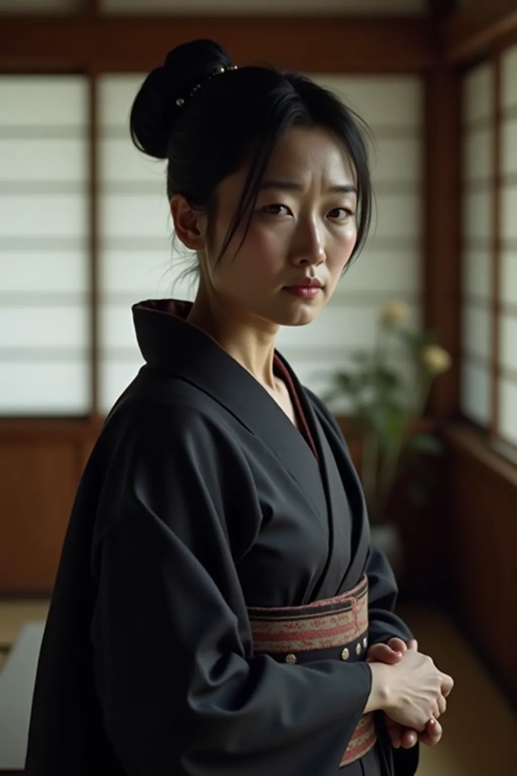 A Japanese woman of about 45 years old. She is beautiful but her expression is very sad although serene. Do you see a mofuku, The traditional Japanese mourning costume. His hair is black and long and he wears it up, in traditional Japanese style. Her body ...