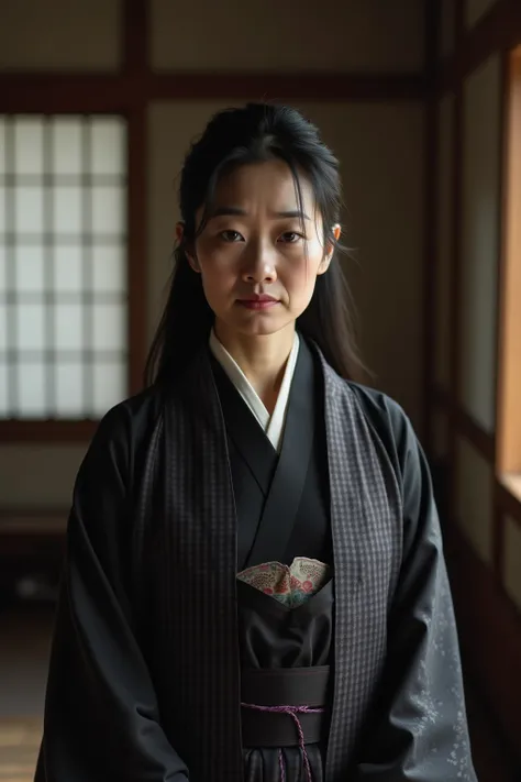 A Japanese woman of about 45 years old. She is beautiful but her expression is very sad although serene. Do you see a mofuku, The traditional Japanese mourning costume. His hair is black and long and he wears it up, in traditional Japanese style. Her body ...