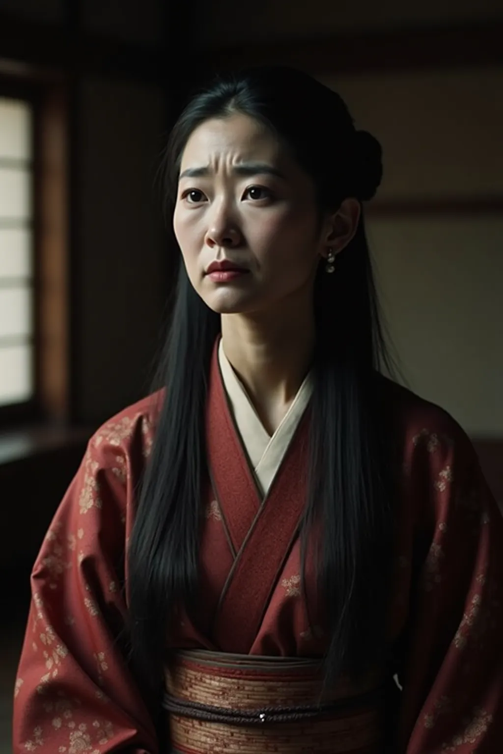 A Japanese woman of about 45 years old. She is beautiful but her expression is very sad although serene. Do you see a mofuku, The traditional Japanese mourning costume. His hair is black and long and he wears it up, in traditional Japanese style. Her body ...