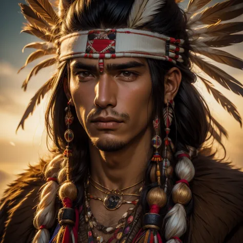 Handsome male native American indian, portrait, face focused 