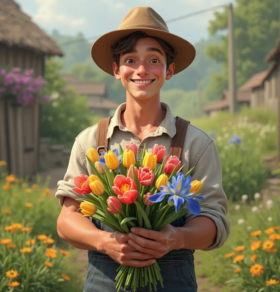 Cheerful young 
farmer man holding a bouquet of mimosa ,tulips,irises.  ultra realistic  . 4000k