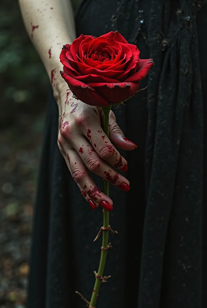 Female hand buried dirty with blood holding beautiful red rose in hand