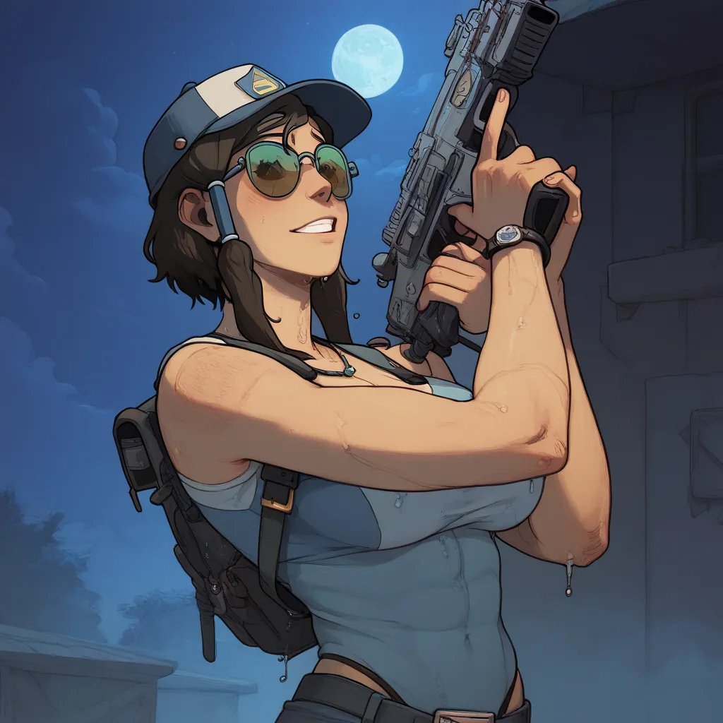 (((beautiful, high quality))), score_9, score_8_up, score_7_up, score_9, score_8_up, score_8, masterpiece, best quality, unrealistically high details, extremely high quality, ultra high detail,big tits, good anatomy,(,policewoman,cap,gun,cool sunglasses,he...