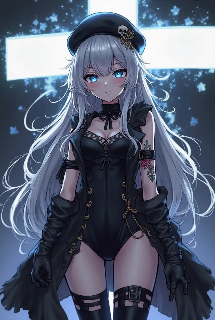 Gender: Male
Stuff: silver & black highlight fluffy and big long hair, dark eyes w/ glowing blue irises. Black beret with a skull emblem on side. A black sleeveless black coat with a black bodysuit underneath with thigh highs. Arms with few tattoos with ro...