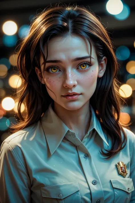 realistic, detailed portrait of a young girl with striking yellow eyes and a veryshorted hair head, 8K Ultra HD with cinematic lighting, ray tracing, smooth skin, subtle blemishes, and natural imperfections enhanced by subsurface scattering. The soft refle...