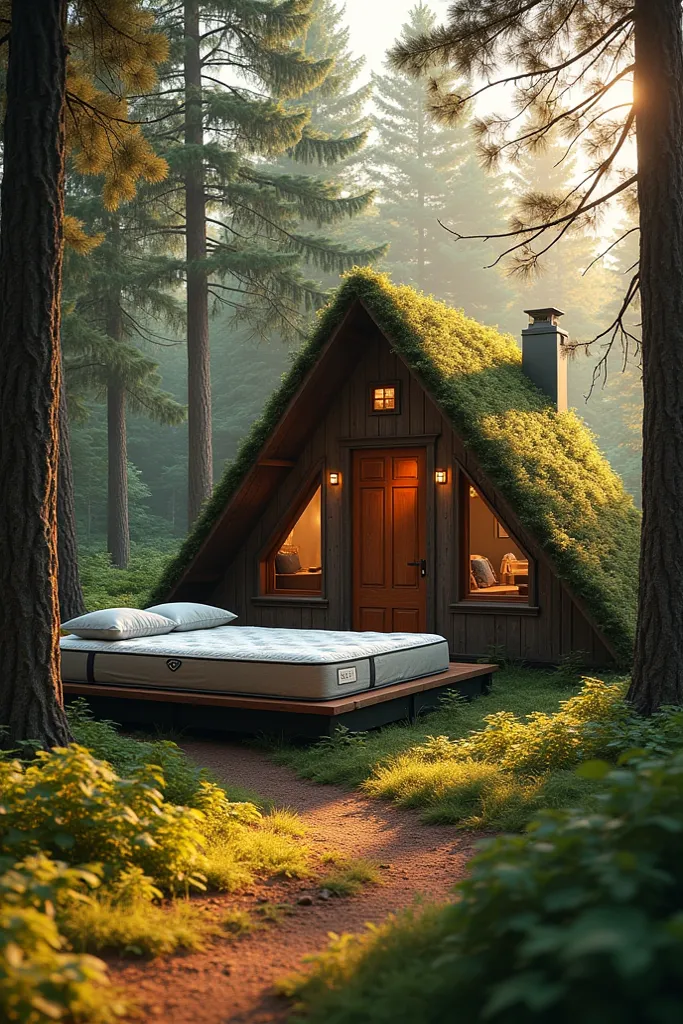 Forest camping cabin with beautiful mattress 