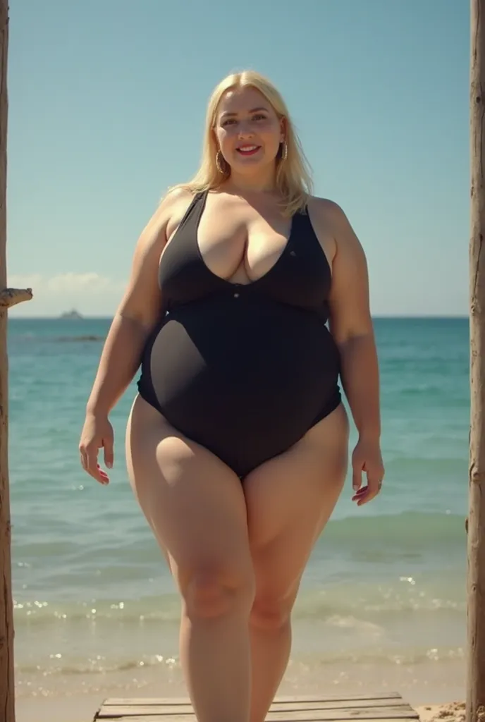 A beautiful morbidly obese busty blonde straight-haired blue eyed woman resembling like a French cinema actress, 21 years old, wearing black one-piece swimsuit, high heels, having humongous and enormous tits, fat voluptuous and flabby arms, fat elbows, hig...