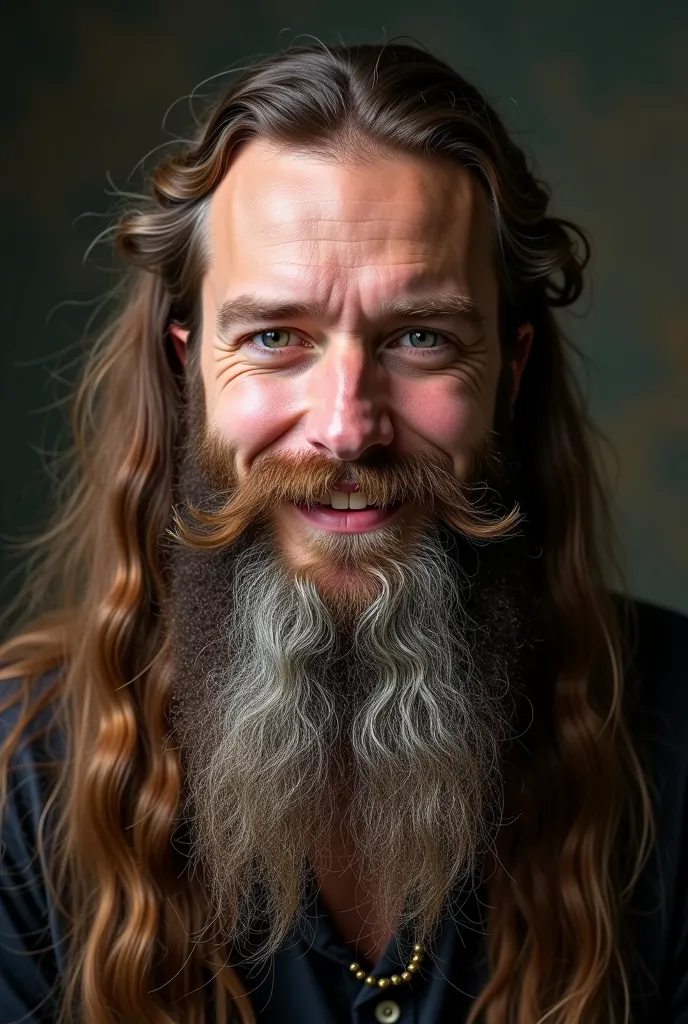 arafed man with long hair and beard smiling at the camera, an album cover inspired by Serhii Vasylkivsky, trending on reddit, renaissance, lászló szabados, boris valejo, taken in the late 2010s, taken in the early 2020s, braided beard, taras susak