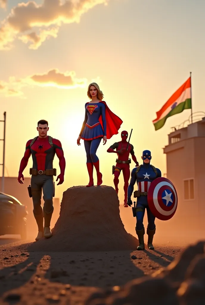 "A highly detailed 3D-rendered image of an Indian Army base with soldiers in training. Supergirl, Spider-Man, Deadpool, and Captain America arrive dramatically. Supergirl hovers slightly above the ground with a determined look, Spider-Man perches on a trai...