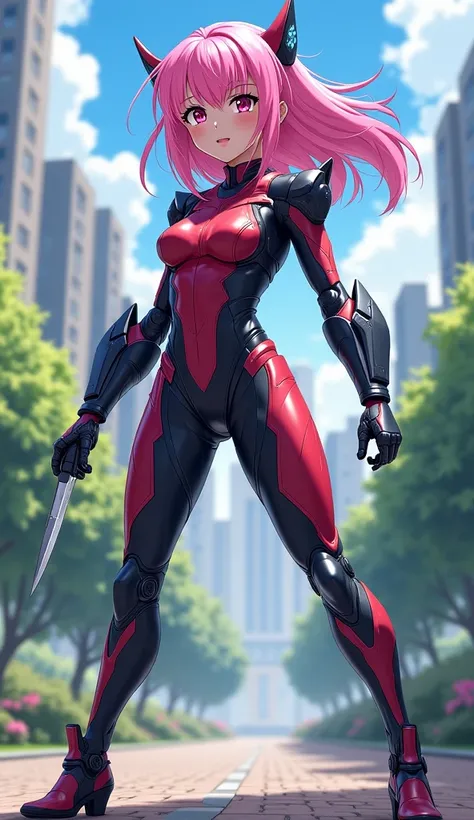  Anime style, lots of details, sophisticated environment, professional camera, Park,  knife in hand , Futuristic city, gusts of wind ,  shards , Girl , safeguarding, pink hair, fitted special latex suit, shines, robotic arm, spikes, Super Hero, spread legs