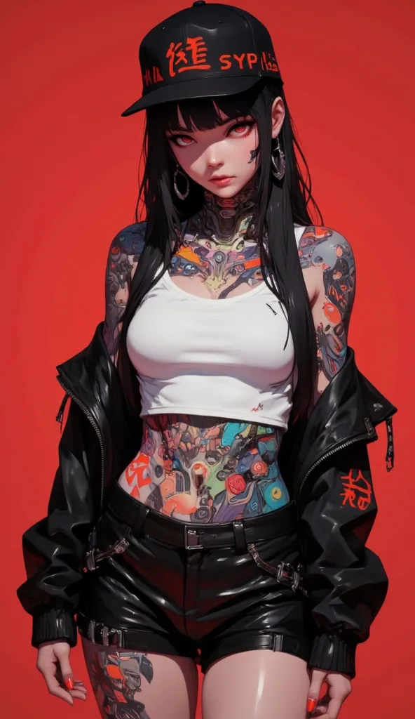 full body image ,
A futuristic-looking woman and cyberpunk, wearing edgy black clothes with red accents. x} He has long straight black hair with flat bangs, bright red eyes that appear to shine, as well as technology-themed accessories such as wires and me...