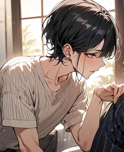 ((masterpiece, best quality)), androgynous male, feminine features, black short hair, bob cut, delicate jawline, soft eyes, long eyelashes, slender build, slightly feminine body shape, gentle expression, fair skin, subtle makeup, ear piercings, casual styl...