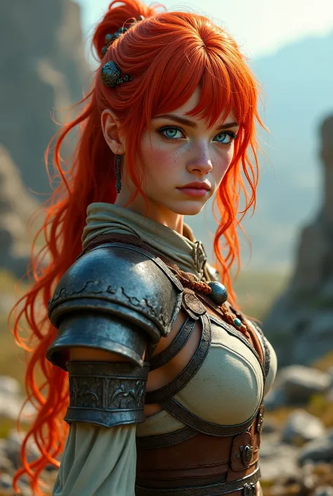 Warrior girl with red hair, bangs and blue eyes with freckles