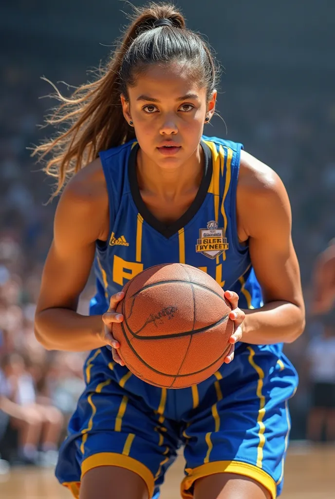 age woman with a basketball and with a blue and gold-striped basketball uniform, And on the chest written: PBL