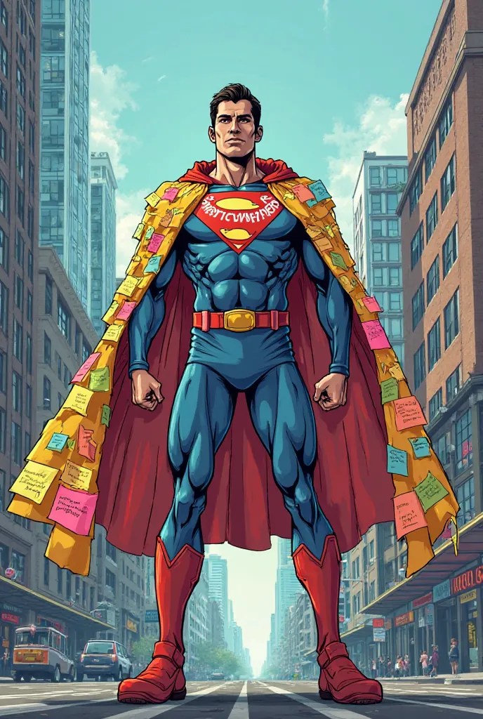 A superhero figure wearing a cape made of sticky notes or papers, with "Productivity Power" written across the chest.