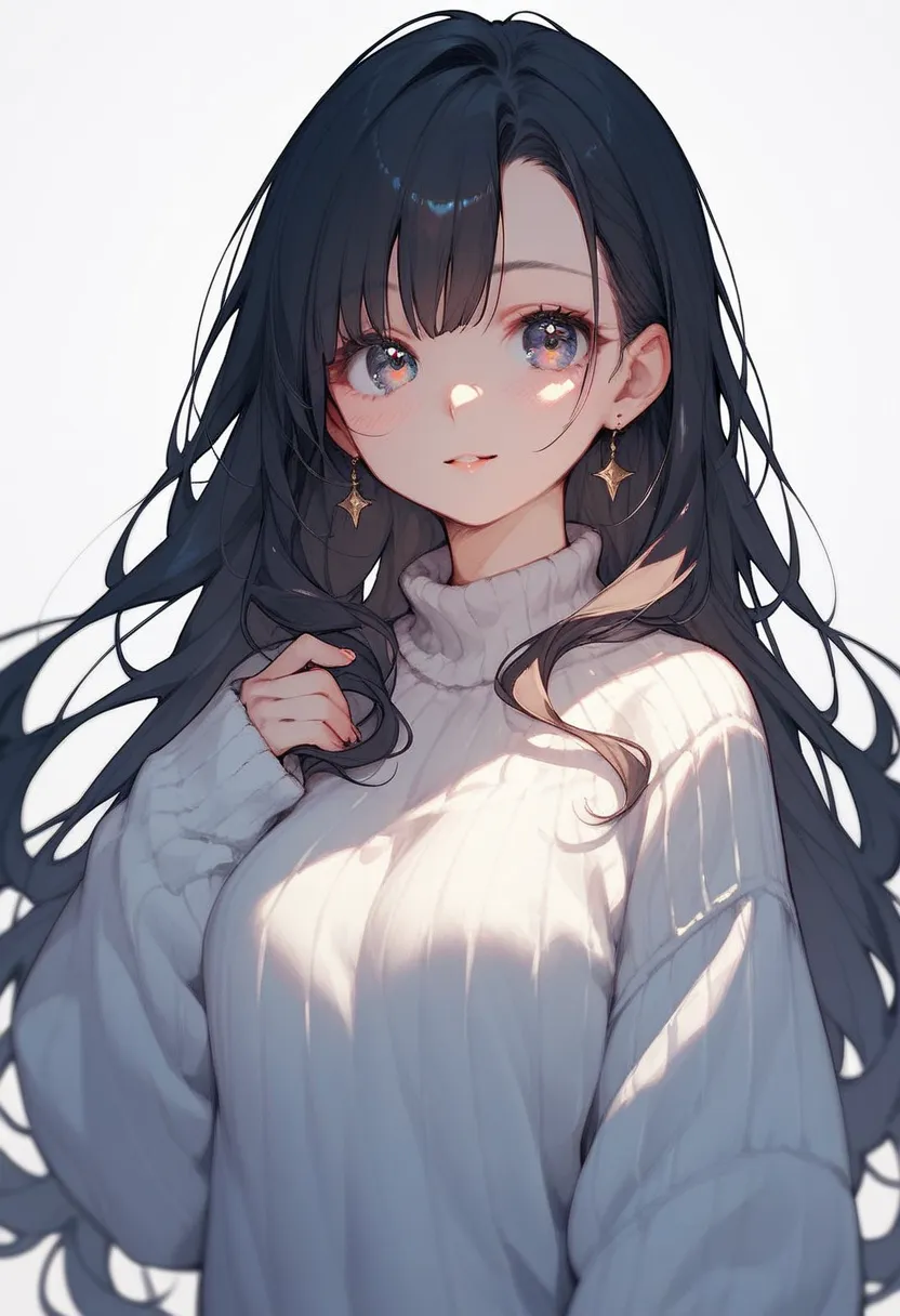 1 Girl, alone, dark hair,  long hair, Straight Hair,  cute, sweater, Beautiful Detailed Eyes