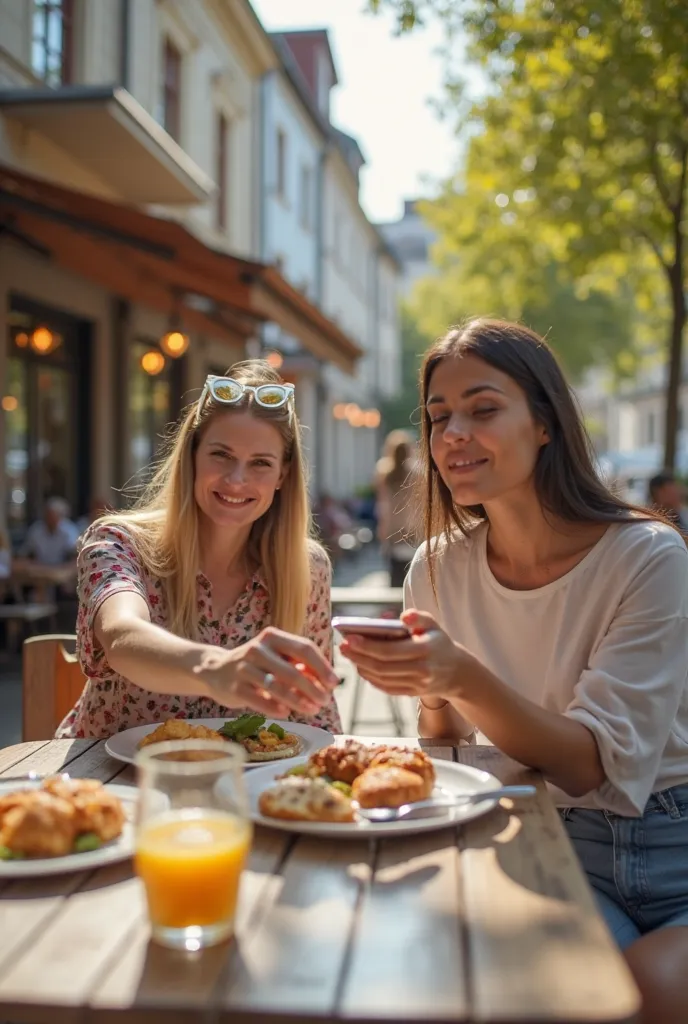 A photo of two people having brunch on a sunny day outside of a cafeteria in Munich. One person is handing a phone over to the other, while the other makes a reluctant expression because she doesn't want to pick up the call. Only one of the two persons has...