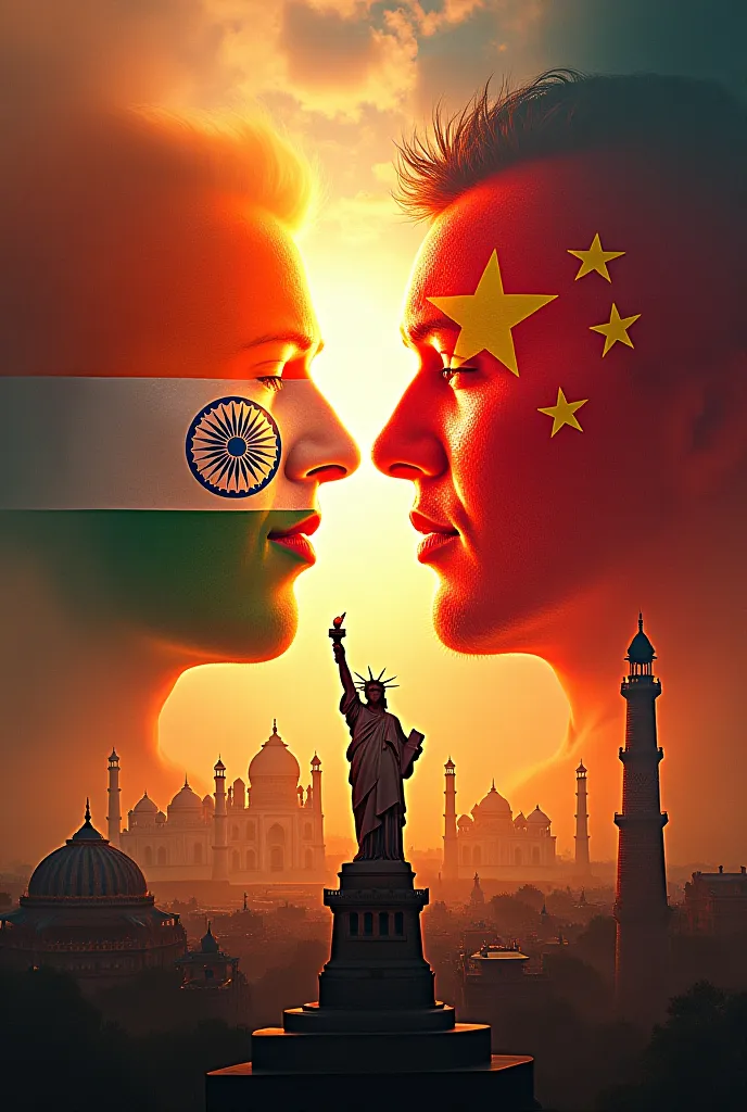 "Epic cinematic scene depicting the rising power of India and China challenging American dominance. Visualize: A split-frame composition with the **Indian flag** (saffron, white, green) and **Chinese flag** (red, yellow stars) merging into a united force, ...