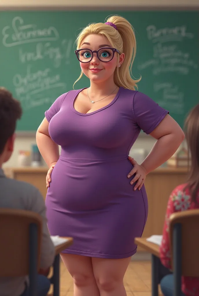 A  very chubby teacher round belly in a tight dress double chin blonde hair ponytail with glasses purple dress blue eyes young looking teacher smooth skin in a classroom early 20s