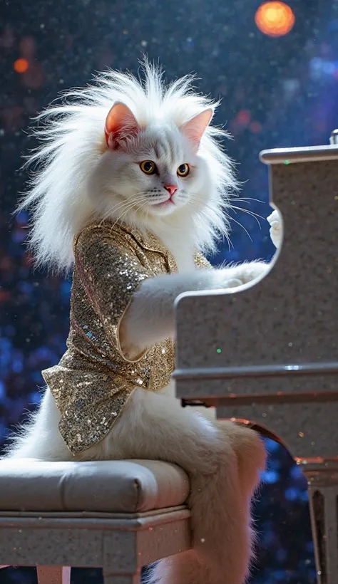 A stylish cat with hair inspired by Lady Gaga—long, platinum blonde—playing an elegant piano. The cat wears a glamorous outfit, such as a sparkling jacket or an eccentric dress, evoking Lady Gaga’s iconic aesthetic. It sits on a piano bench in a dramatic p...