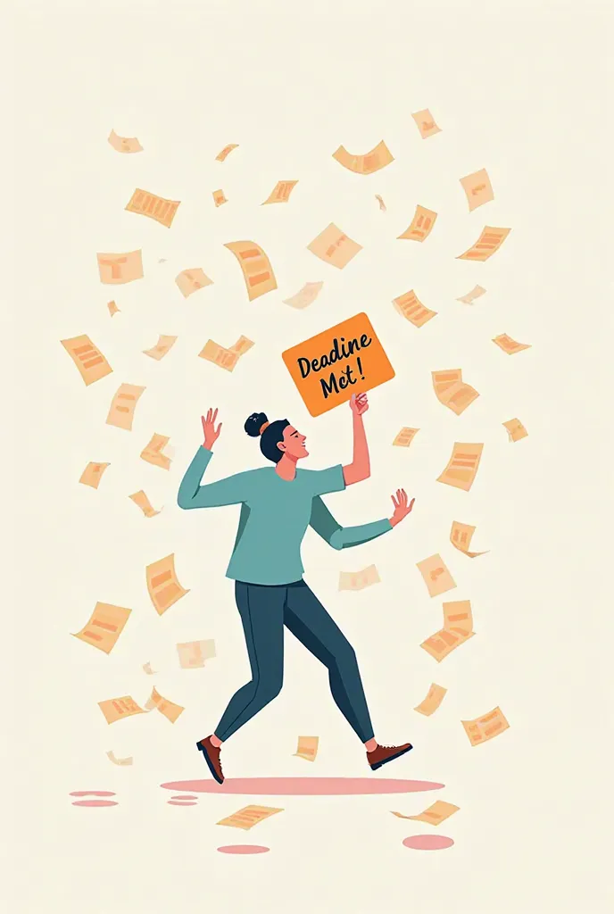 A character dancing with papers flying in the air, holding a "Deadline Met!" sign, symbolizing the rush of completing work.