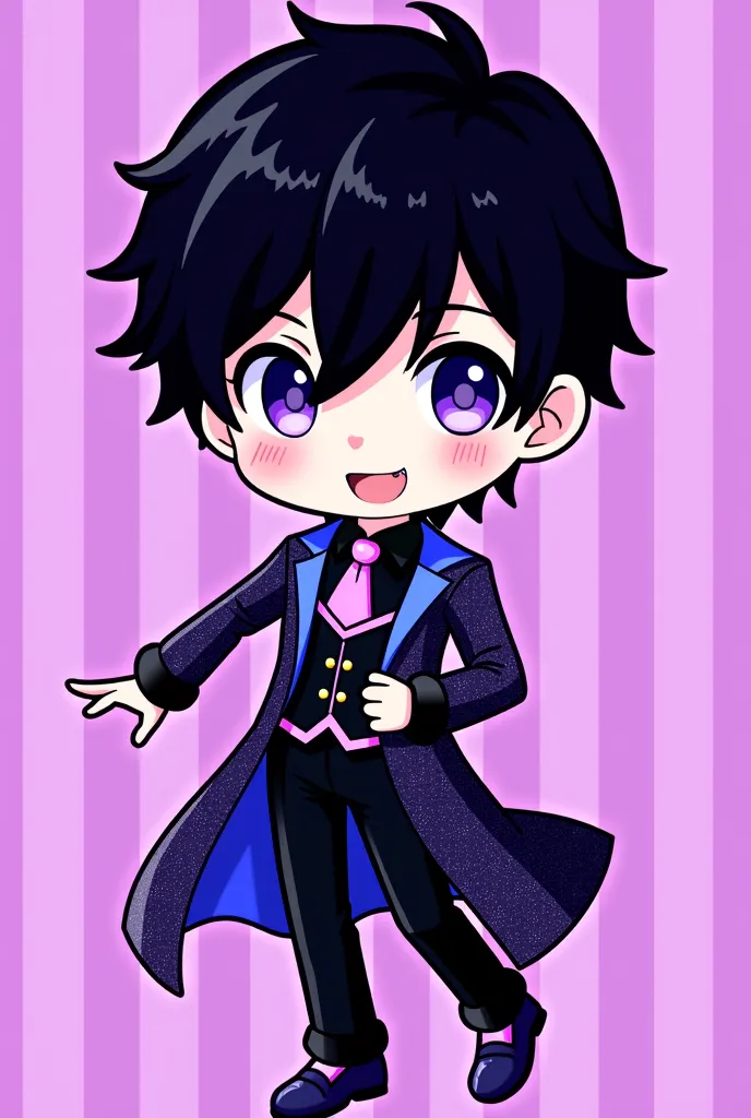  icon style illustration、(超High Resolution:1.2),(absurd:1.2),(High Resolution:1.2),(best quality:1.2), chibi,nice,simple pattern for background、 black hair、handsome、male、Purple Eyes、blue eyes、A glittering costume like an idol、Black right hand、The outline o...