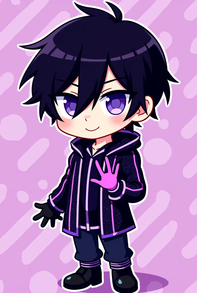  icon style illustration、(超High Resolution:1.2),(absurd:1.2),(High Resolution:1.2),(best quality:1.2), chibi,nice,simple pattern for background、 black hair、handsome、male、Purple Eyes、blue eyes、A glittering costume like an idol、Black right hand、The outline o...