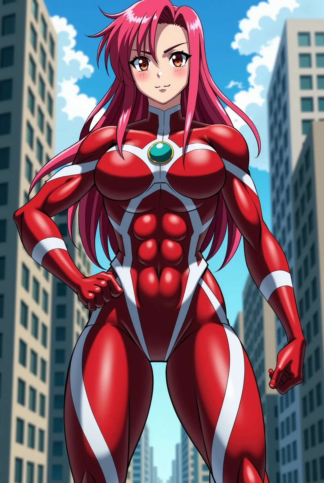 My Hero Academia Style , Anime girl, female, young female,muscular female,Full Body Shot,(fighting Pose:2),Long hair, Red Hair,  Brown Eyes,Hero Suit, Full Body Suit, red suit with white details,small round blue jewel in the center of the chest, perfect an...