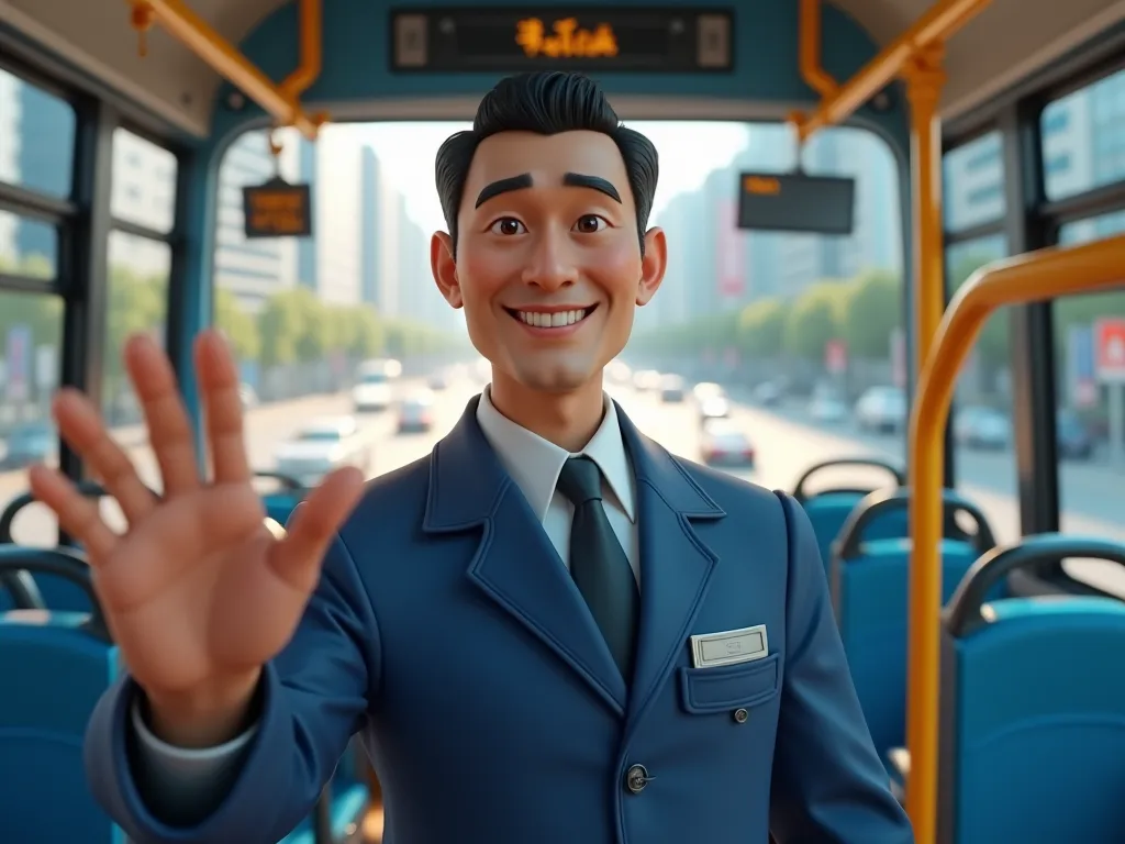 A cinematic, highly detailed close-up of Wu Bin, a Chinese bus driver in his late 40s, with short black hair, sharp but kind eyes, and a strong jawline. He wears a clean blue uniform with a silver name tag on the left chest. He stands at the entrance of a ...