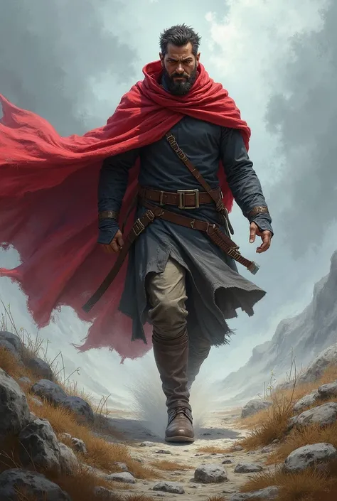 The man is walking fast,  with one foot ahead of the other , as the wind blows his red cloak. He keeps his eyes focused ahead,  as if you were on a journey .
