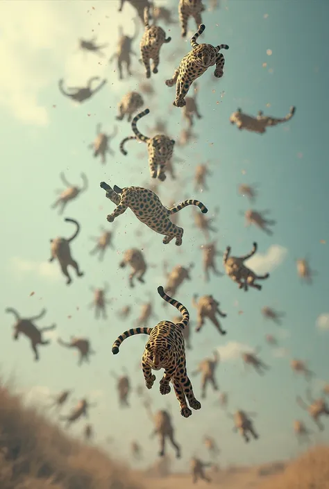 A large number of micro-sized panthers are falling from the sky like rain with a leopard pattern。live-action