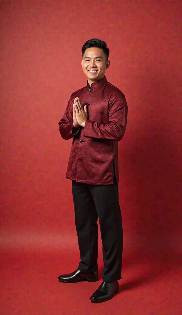 "An artistic image depicting a handsome Indonesian man standing smiling in a maroon-colored high-collared traditional cheongsam outfit exists with the inscription "7 CARET  ", the two hands are joined together in a prayer-like gesture. The background is a ...