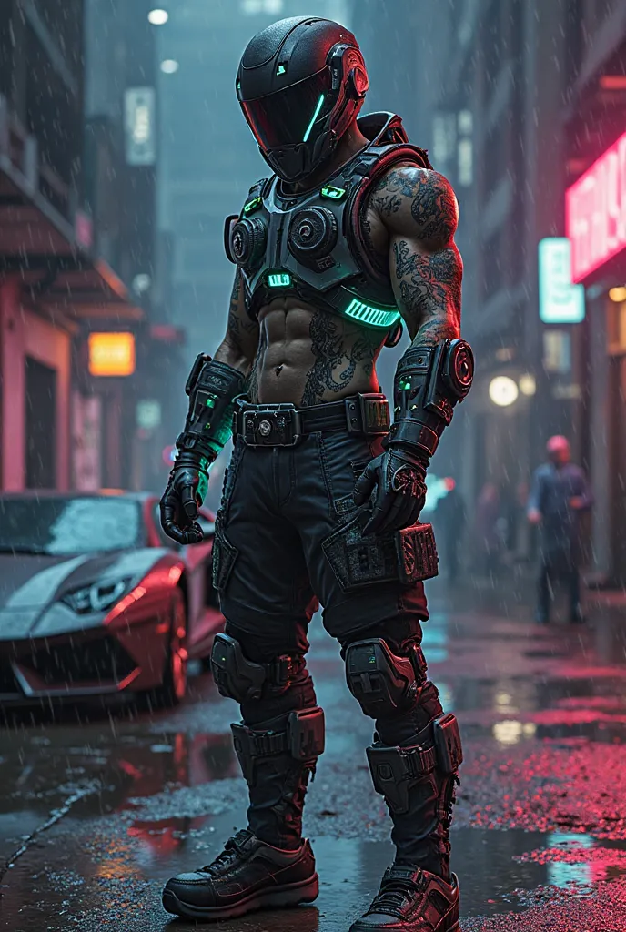 "A highly modified character from Grand Theft Auto V, wearing futuristic armor with glowing neon accents, custom tattoos covering his arms, a high-tech helmet with a visor, and cybernetic enhancements on his arms and legs. He stands confidently in a gritty...