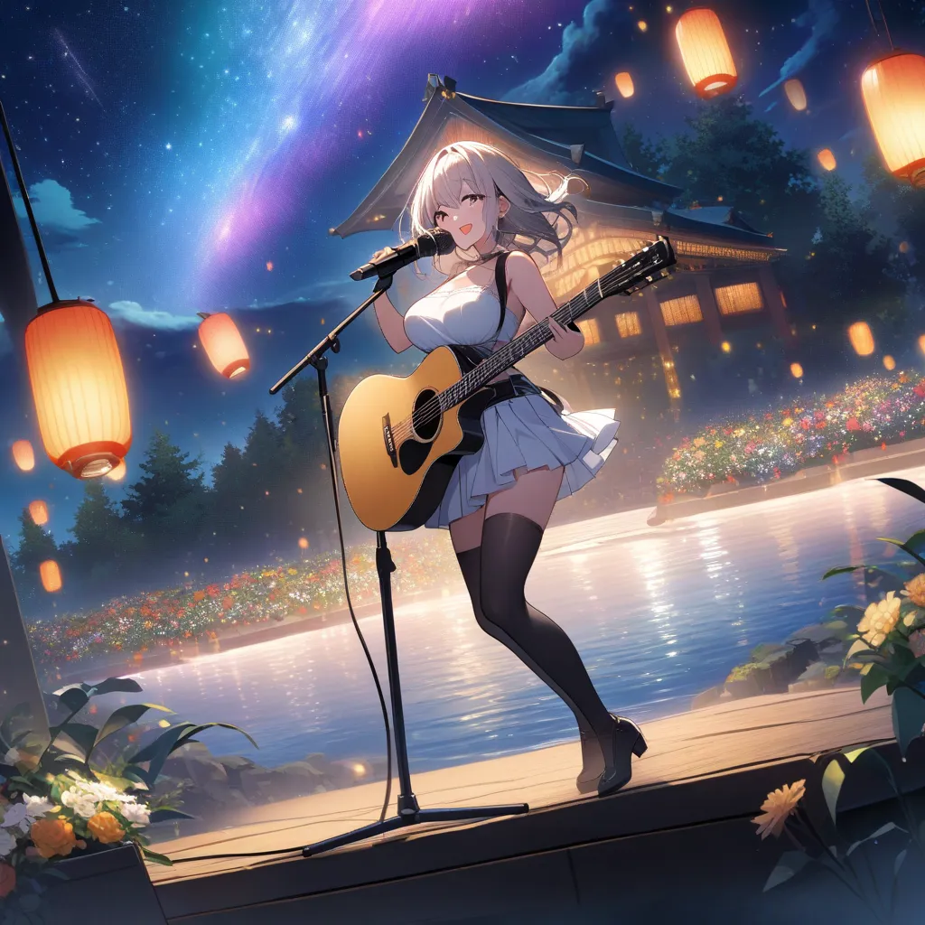 1 girl, Alone, smile, large breasts, White Tube Top、mini pleated skirt、microphone, microphone stand, playing an electronic music guitar, singing on the stage, dancing on the stage



The  Outside  background is stage, live, night, starry star, shooting sta...