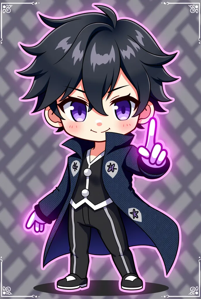  icon style illustration、(超High Resolution:1.2),(absurd:1.2),(High Resolution:1.2),(best quality:1.2), chibi,nice,simple pattern for background、 black hair、handsome、male、Purple Eyes、blue eyes、A glittering costume like an idol、Black right hand、The outline o...