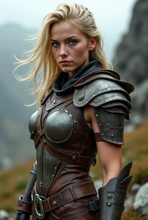 Woman warrior blond hair bangs blue eyes and freckles