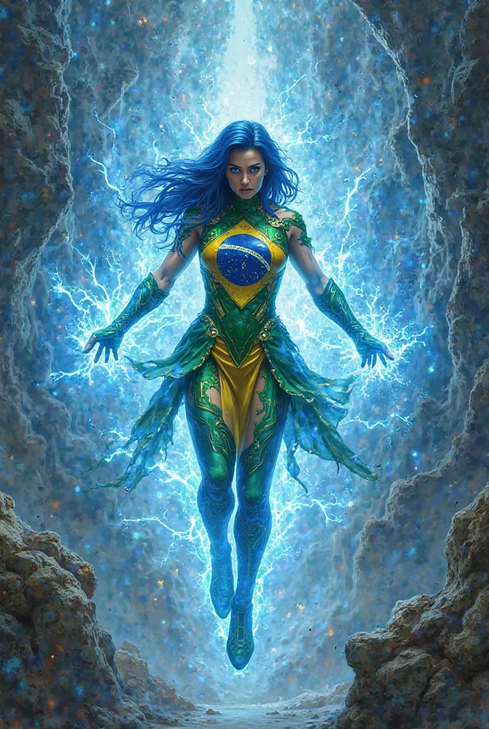 Hero with electric blue powers who flies and opens a portal to other universes and times and has the colors of the Brazilian flag printed on the costumes