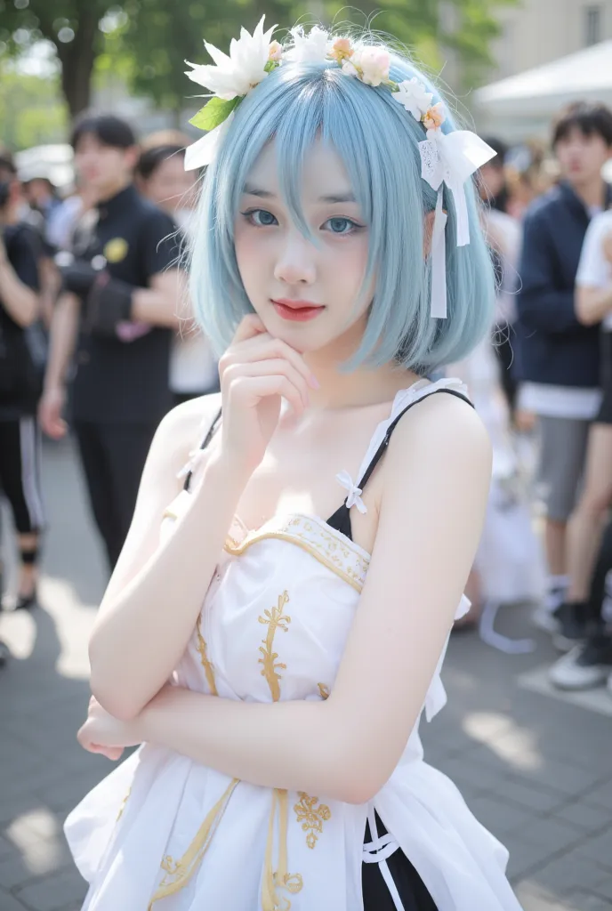 In a lively outdoor setting, a woman poses confidently, showcasing her striking costume that features a blend of white fabric adorned with intricate golden details. Her sky-blue hair, styled in a playful bob, contrasts beautifully with her pale skin and is...