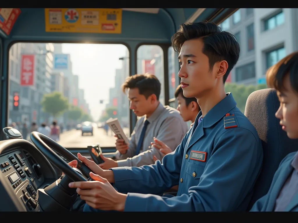 A hyper-realistic, cinematic interior view of a moving city bus. Wu Bin, the Chinese bus driver with short black hair, sharp yet calm eyes, and a strong jawline, is sitting in the driver’s seat, gripping the steering wheel with both hands. He is wearing hi...