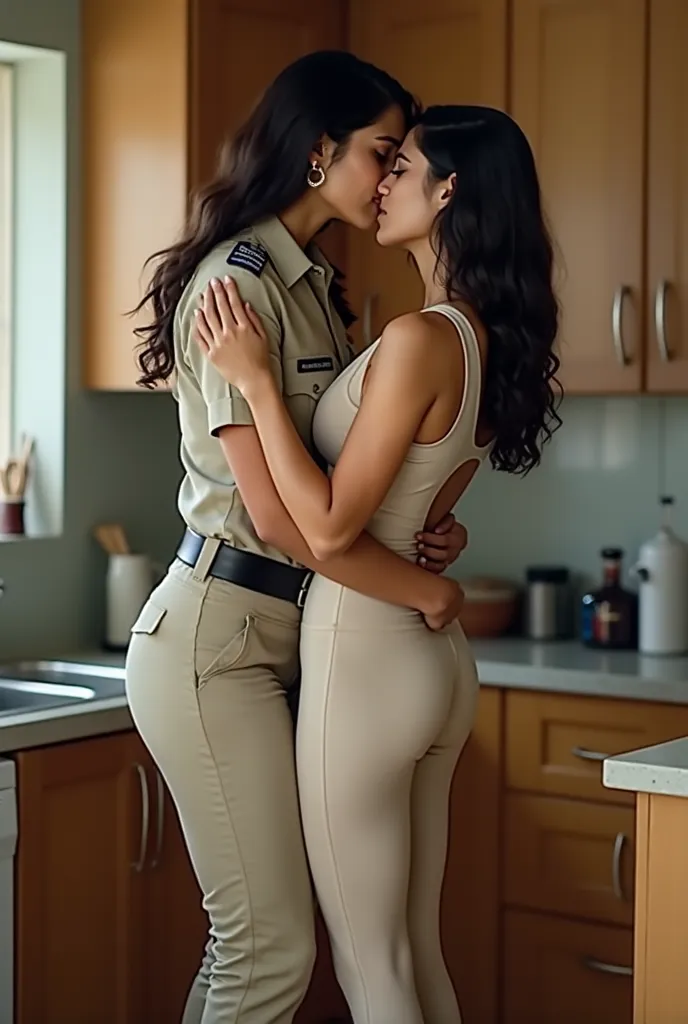 Full body till feet,Realistic,  kitchen background,  a 35 year old indian police women  lift and kiss another 30 year old indian women in skintight shirt tucked in skintight pants 