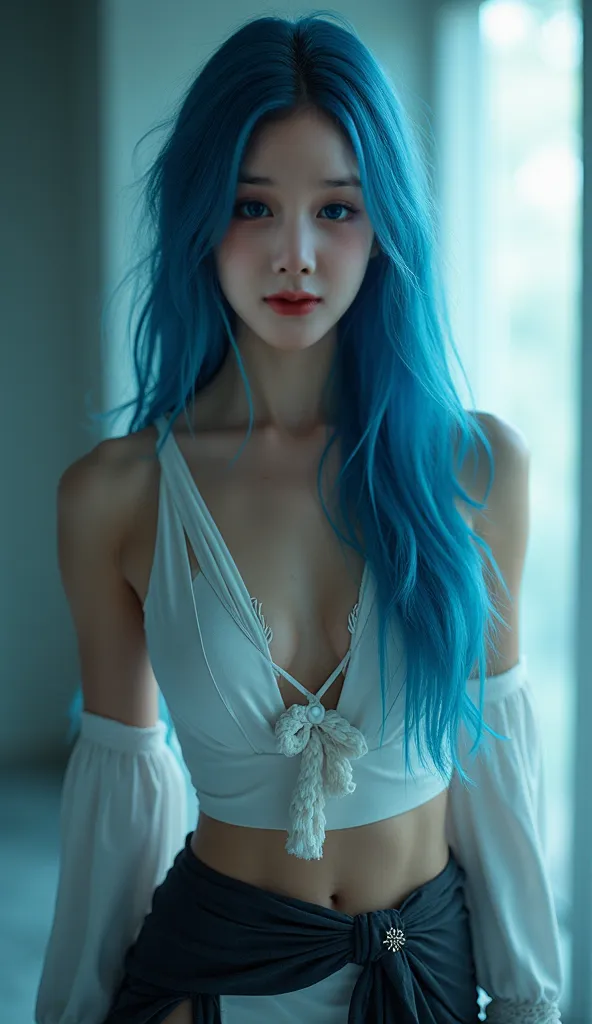 A beautiful woman stands confidently in a striking cosplay, embodying a character with long, flowing hair that transitions from deep blue to a lighter hue. Her pale, almost ethereal eyes gaze directly at the viewer, lending an otherworldly quality to her e...