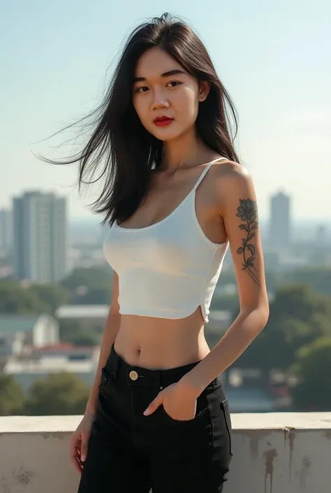 A beautiful asian woman white tanktop white sexy belly black color pants with a flower tattoo on her arm is being smoked on the roof background of soli setiawan writing