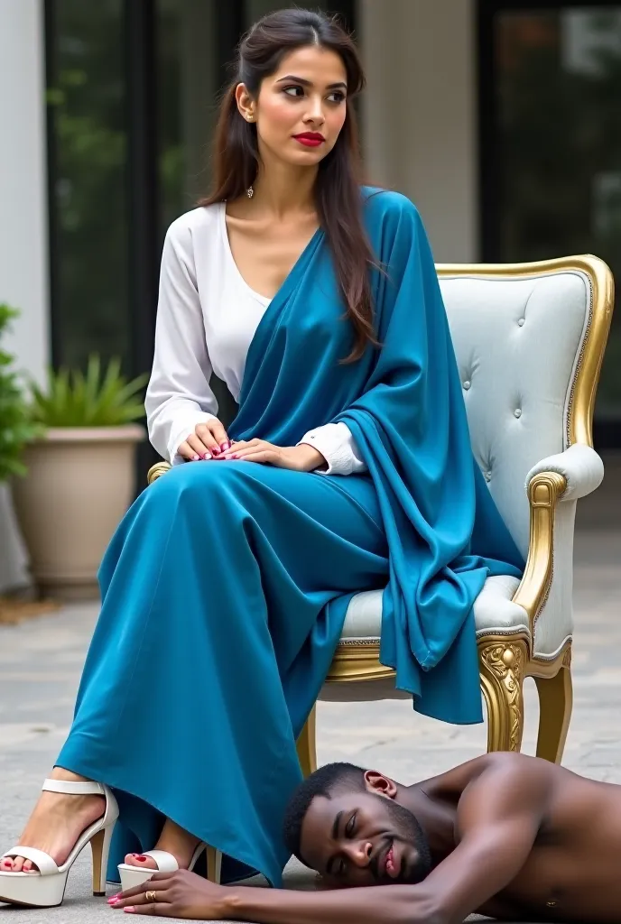 A young woman wearing a blue stylish saree and white long sleeves blouse and white Platform Chunky High Heels Ankle Strap Heeled Sandals Wedding Party Dress Shoes.she has long tied back hair.she was seated on a luxury sofa chair with her one leg over the o...