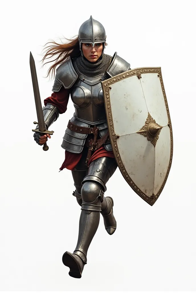 A highly detailed and ultra-realistic image of a woman in the full Armor of God as described in Ephesians 6, fully equipped and engaged in battle. She is wearing a medieval-style helmet that allows her face to be visible, showing a fierce and determined ba...