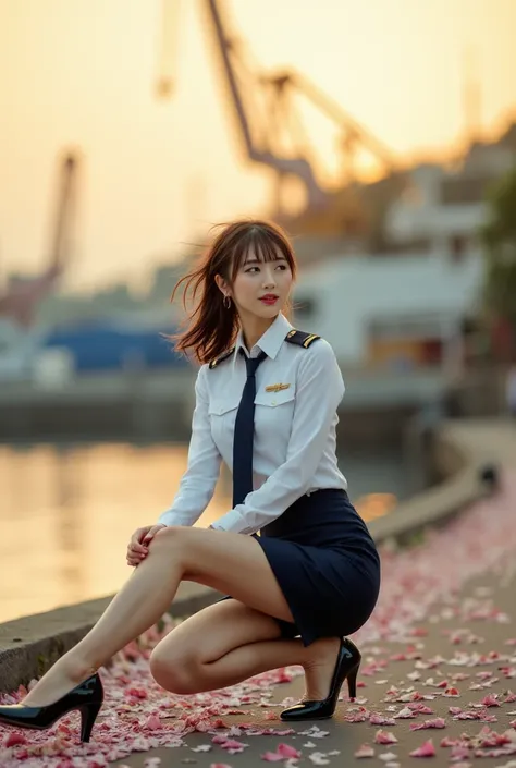 Sexy beautiful Japanese woman, a self defense officer uniform, wearing a white long-sleeved shirts, navy blue tie, navy blue pencil skirt, Black patent high heels, beautiful hip-line, Beautiful thighs, Cornflower, (perfect anatomy), (Accurate fingers), shy...