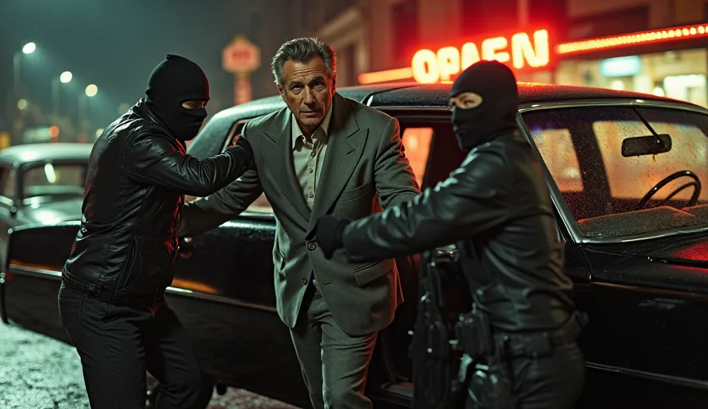 Hyperrealist portrait, evocative portrait retro comic book style of the 80s and 90s. A 50-year-old businessman, dressed in a gray 1980s-style suit with a loosened tie, is being forcefully pushed into a black van by armed men wearing ski masks and leather j...