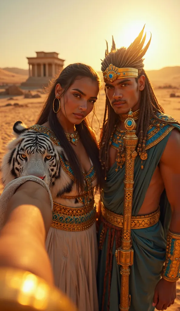 "A striking, cinematic fantasy POV selfie taken by an Egyptian High Priestess, capturing a fierce yet majestic moment with the Pharaoh. Her arm is elegantly extended to take the photo, with no visible camera—only her gold-adorned wrist reaching toward the ...