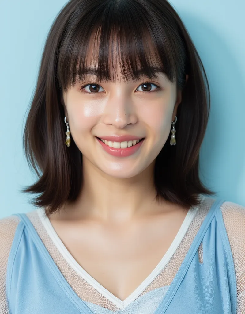 Facial close-up, a sharp focus 35mm photo of a young Asian woman named Suzu. She has a fair complexion and straight, shoulder-length hair with bangs framing her face. Her facial features are delicate, with a small nose, full lips, and large, dark eyes that...